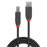 Black USB-A to USB-B 2.0 cable, 5m long, 480Mbps data transfer speed, by LINDY. Black USB-A to USB-B 2.0 cable, 5m long, 480Mbps data transfer speed, by LINDY.